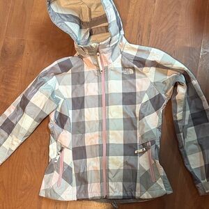 The North Face Pink White and Gray Plaid Hooded Jacket Size Medium